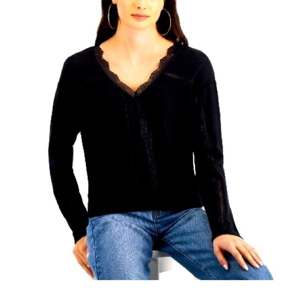 SELF ESTEEM Juniors' Lace-Trim V-Neck Top size women shirt, long sleeve Medium - Picture 1 of 5